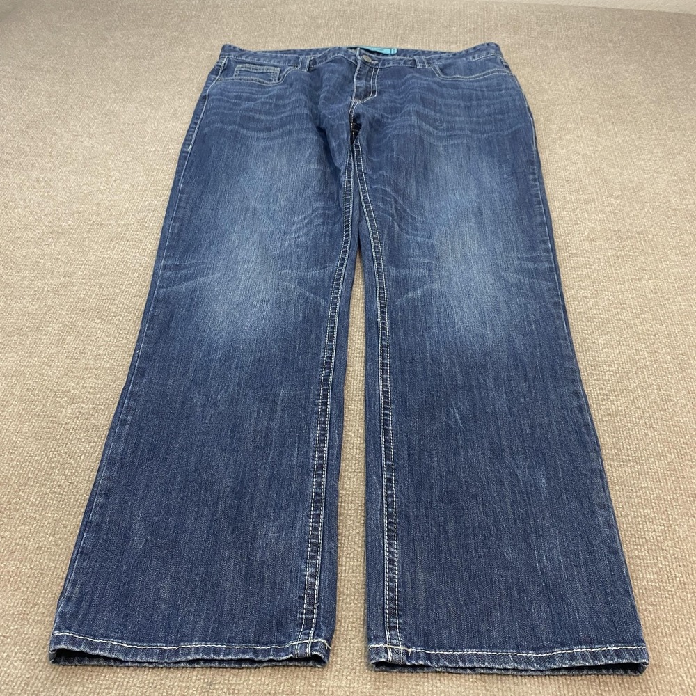 Rock & Roll Denim Revolver Straight Jeans Men 42x34 Blue Stretch Denim Whiskered